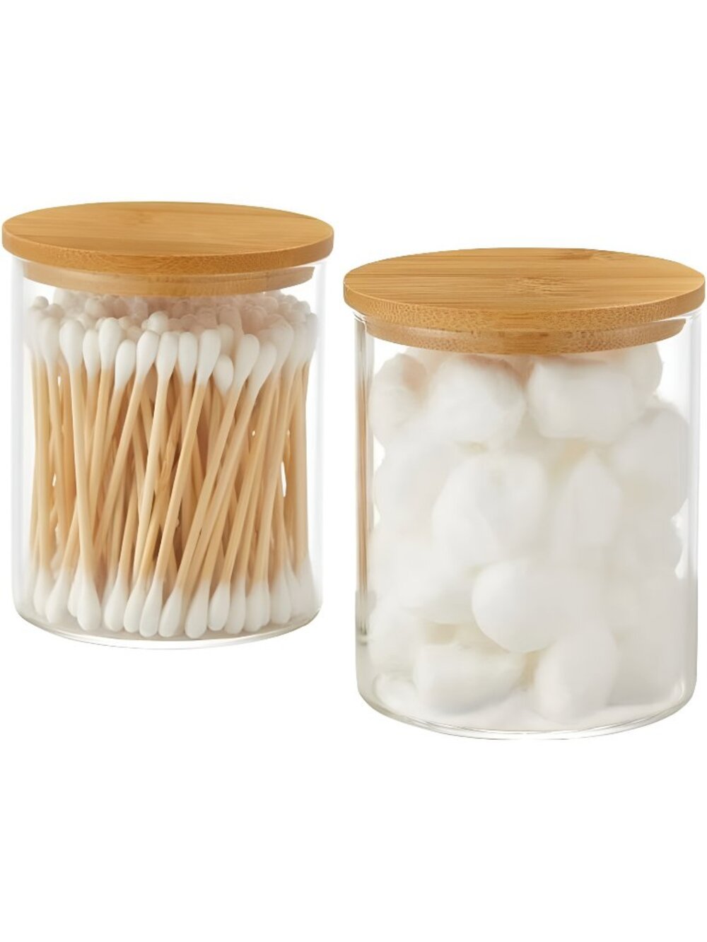 Glass Qtip Holder Dispenser with Bamboo Lid 2 Pack Apothecary Jars